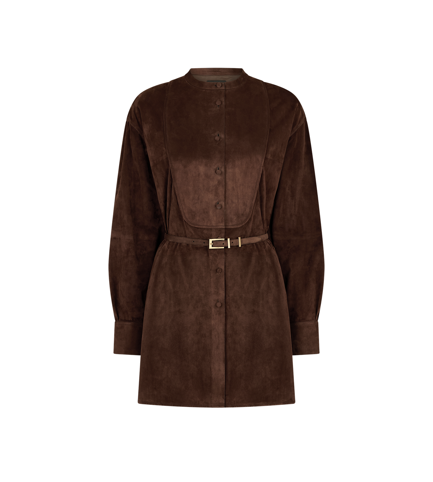 Full Grain Lamb Suede Belted Plastron Mini Shirt Dress
