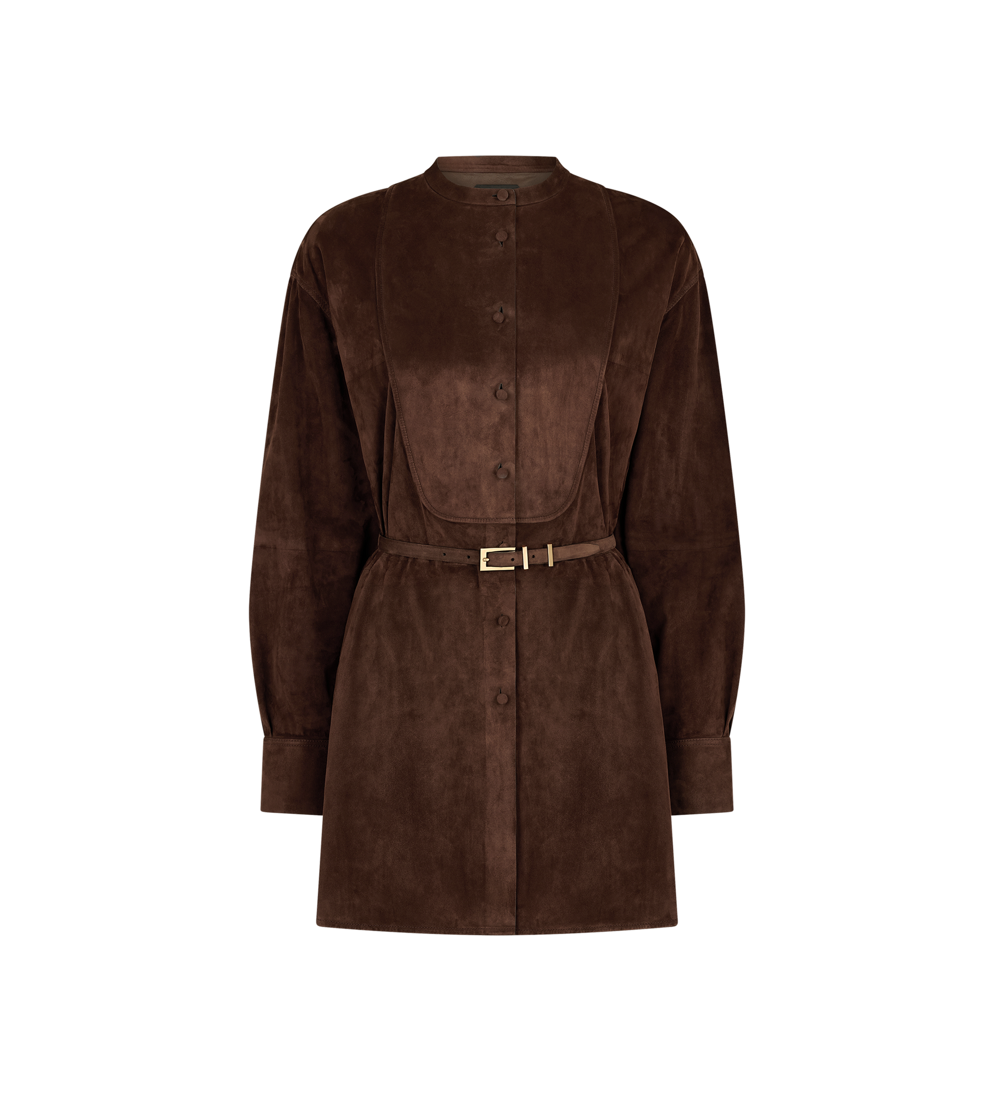 Full Grain Lamb Suede Belted Plastron Mini Shirt Dress