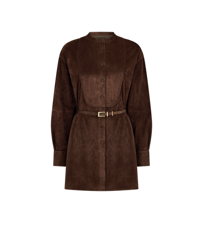 Full Grain Lamb Suede Belted Plastron Mini Shirt Dress