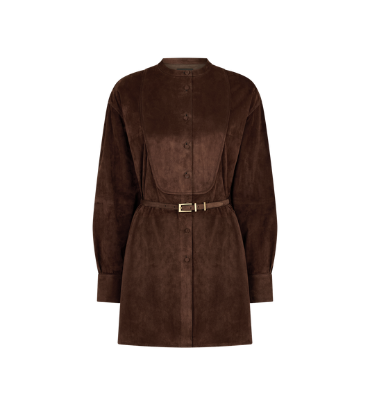 Full Grain Lamb Suede Belted Plastron Mini Shirt Dress