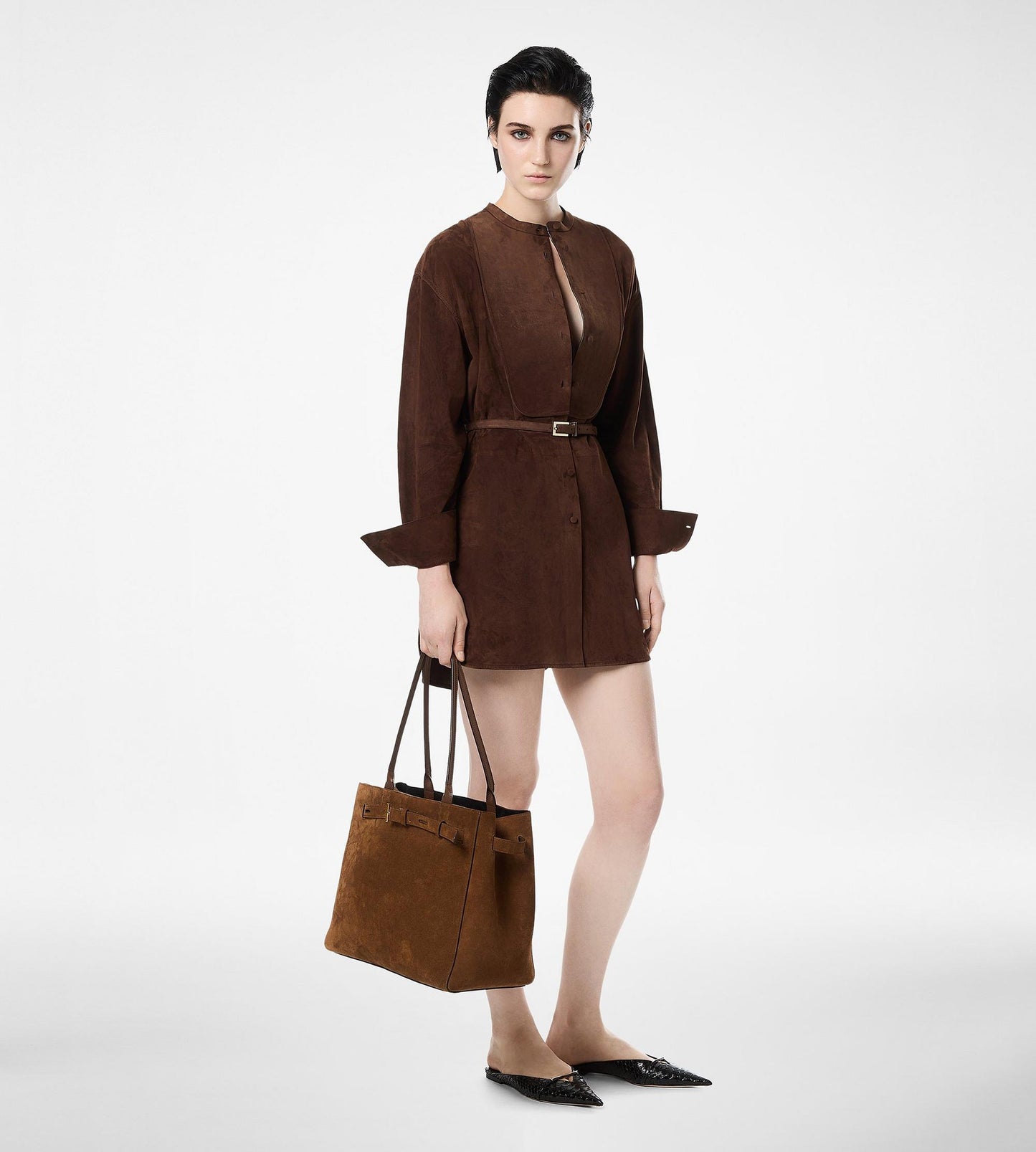 Full Grain Lamb Suede Belted Plastron Mini Shirt Dress