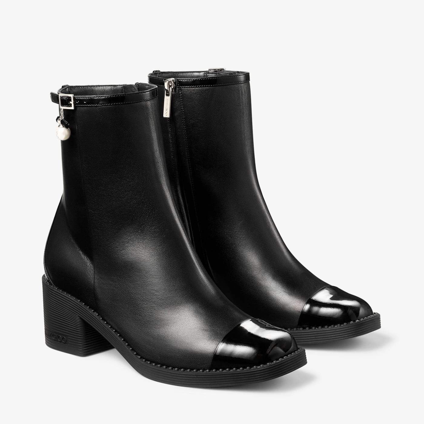 Adry Ankle Boot 60 Black Patent and Nappa Leather Boots with Pearl Charm