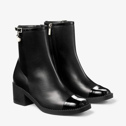 Adry Ankle Boot 60 Black Patent and Nappa Leather Boots with Pearl Charm
