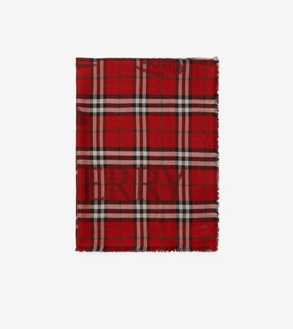 Wide Knight Check Wool Silk Scarf in Post red