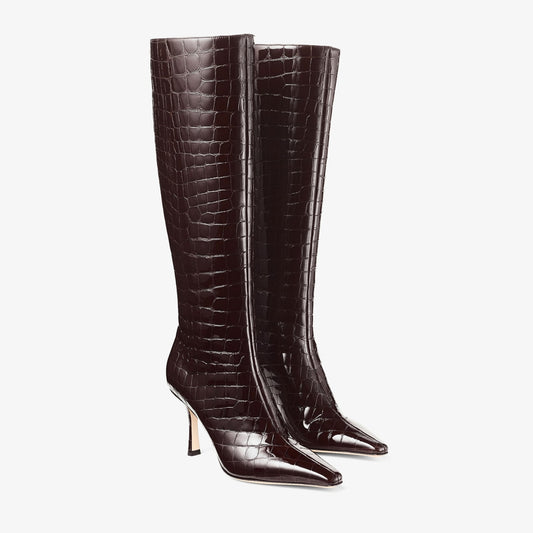 Agathe Knee Boot 85 Sambuco Shiny Croc Embossed Leather Knee High Boots