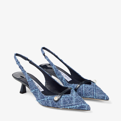 Amita 45 Marine Crosshatch Denim and Patent Leather Slingbacks