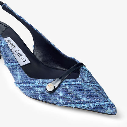 Amita 45 Marine Crosshatch Denim and Patent Leather Slingbacks