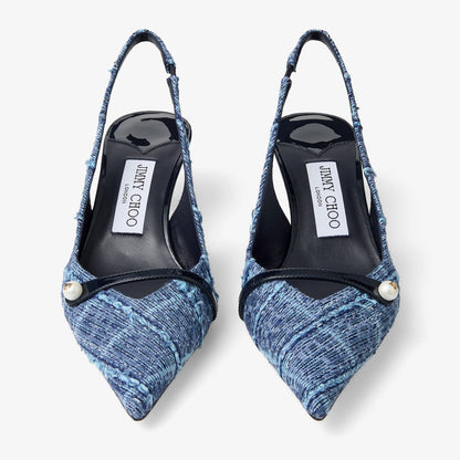 Amita 45 Marine Crosshatch Denim and Patent Leather Slingbacks