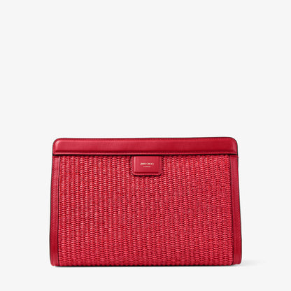 Avenue London Pouch Ruby Red and Light Gold Embroidered Raffia and Leather Pouch