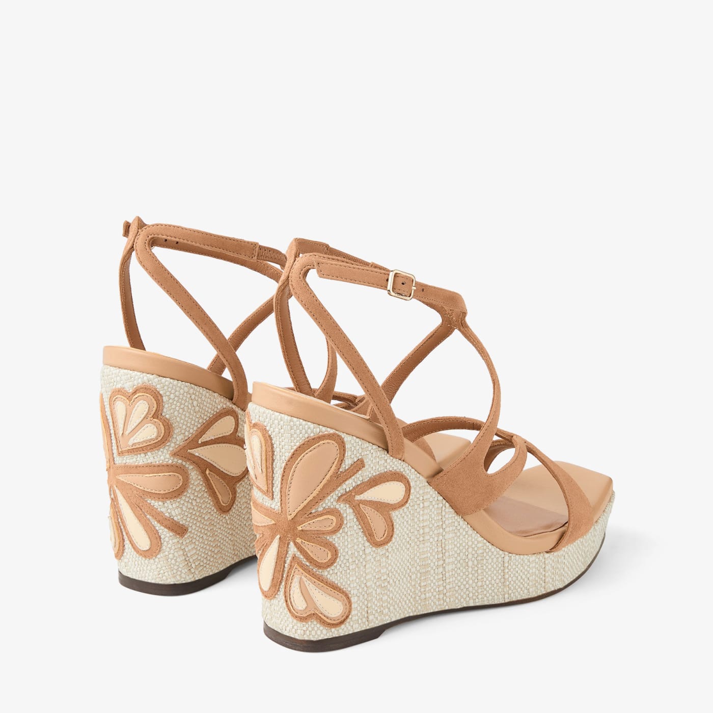 Ayla 110 Toffee and Natural Mix Suede and Nappa Leather Wedges with Fine Raffia