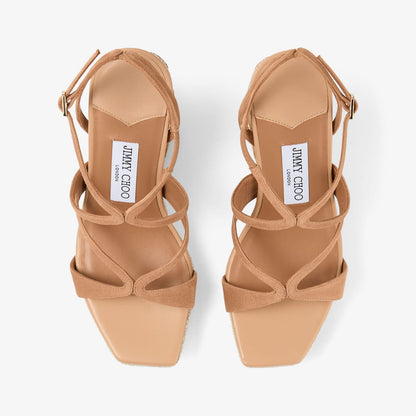 Ayla 110 Toffee and Natural Mix Suede and Nappa Leather Wedges with Fine Raffia