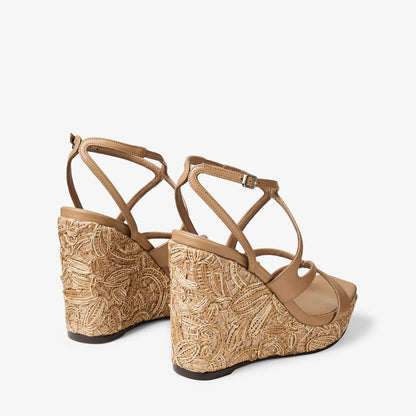 Ayla 110 Cappuccino Nappa Leather and Flower Woven Raffia Wedges
