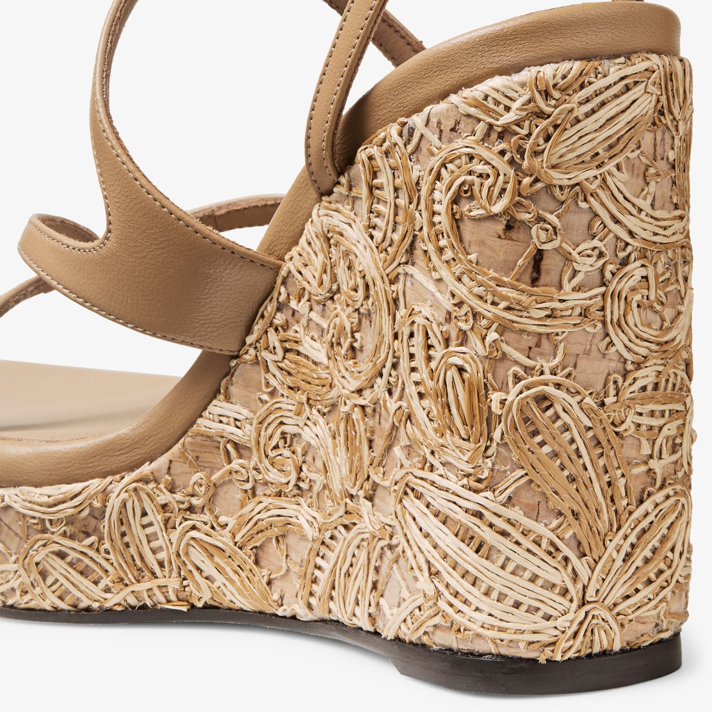 Ayla 110 Cappuccino Nappa Leather and Flower Woven Raffia Wedges