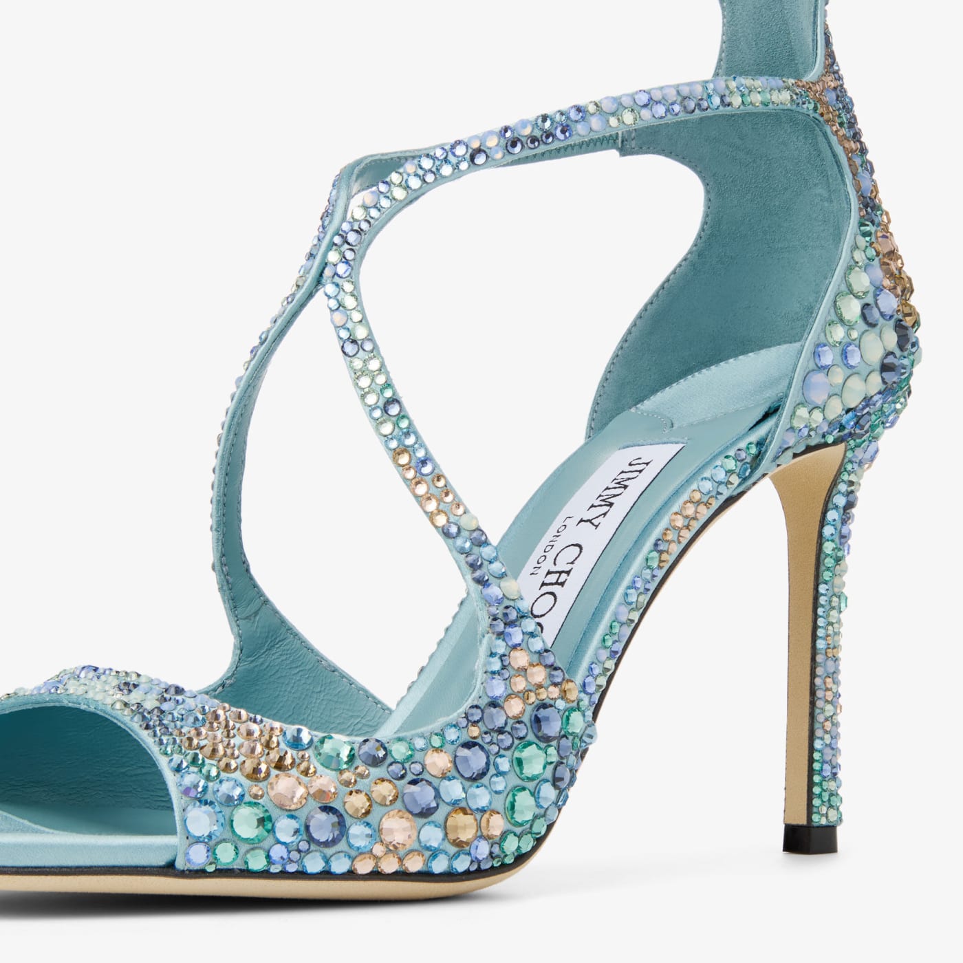Azia 95 Sky Mix Satin Sandals with Multi Crystal Embellishment