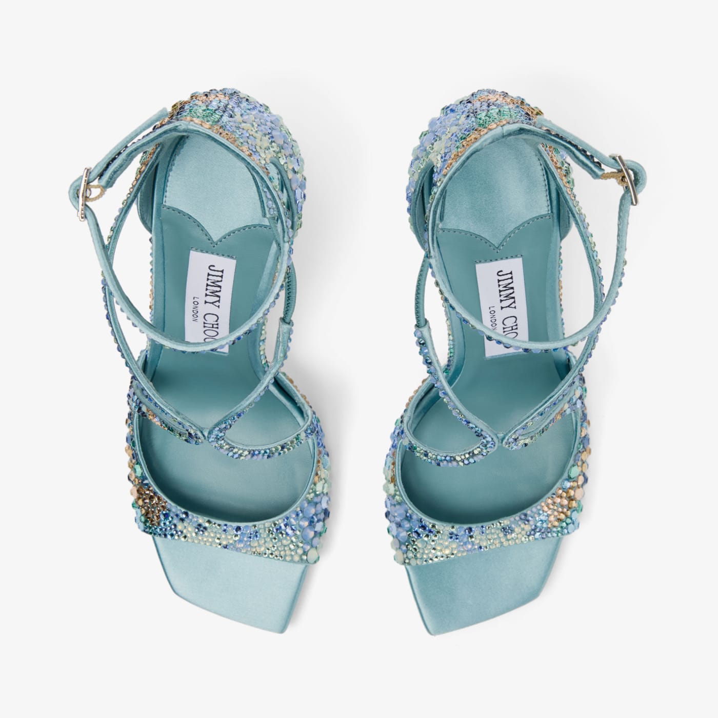 Azia 95 Sky Mix Satin Sandals with Multi Crystal Embellishment