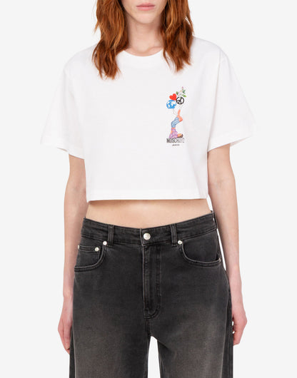 T-shirt crop in jersey di cotone stampata