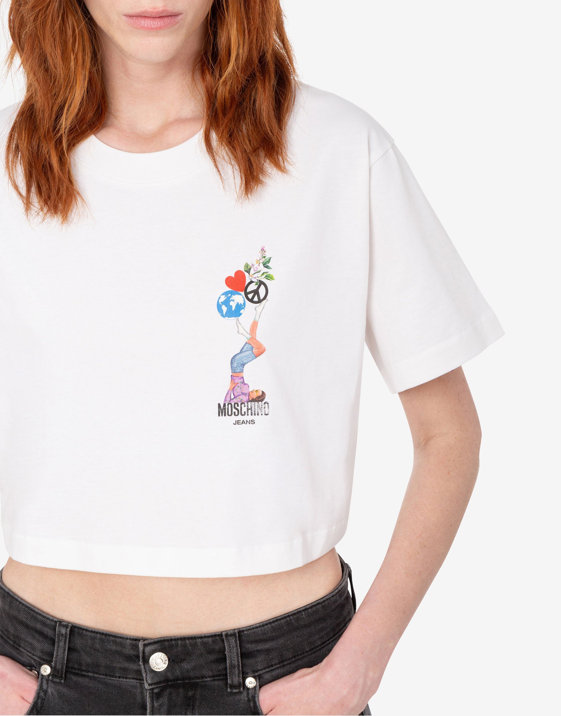 T-shirt crop in jersey di cotone stampata