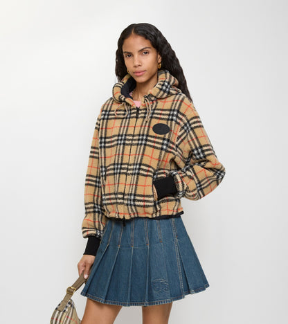 Cropped Check Fleece Hooded Jacket in Sand beige