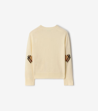 Check Patch Wool Cashmere Cardigan in Ivory white