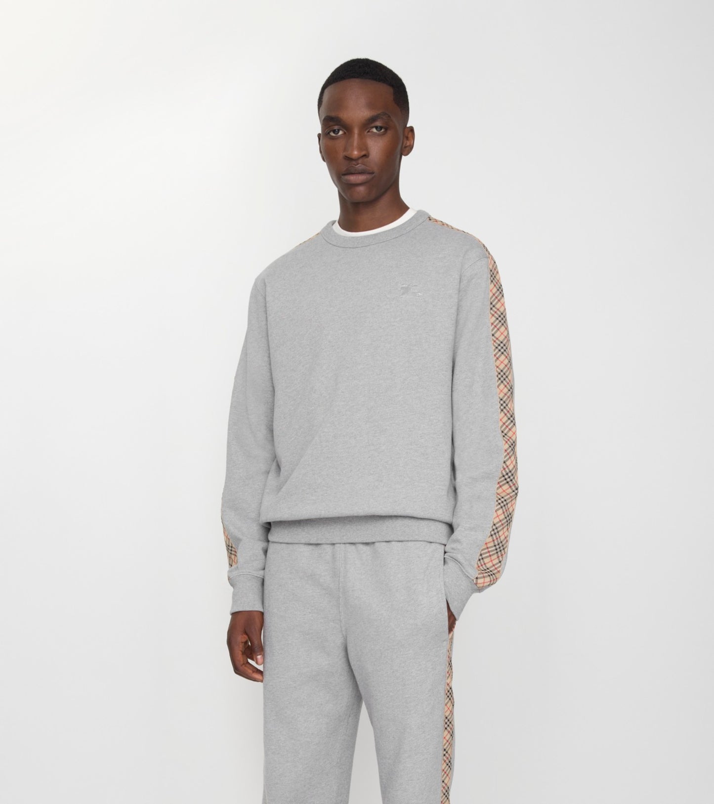 Check Trim Cotton Sweatshirt in Pale grey melange