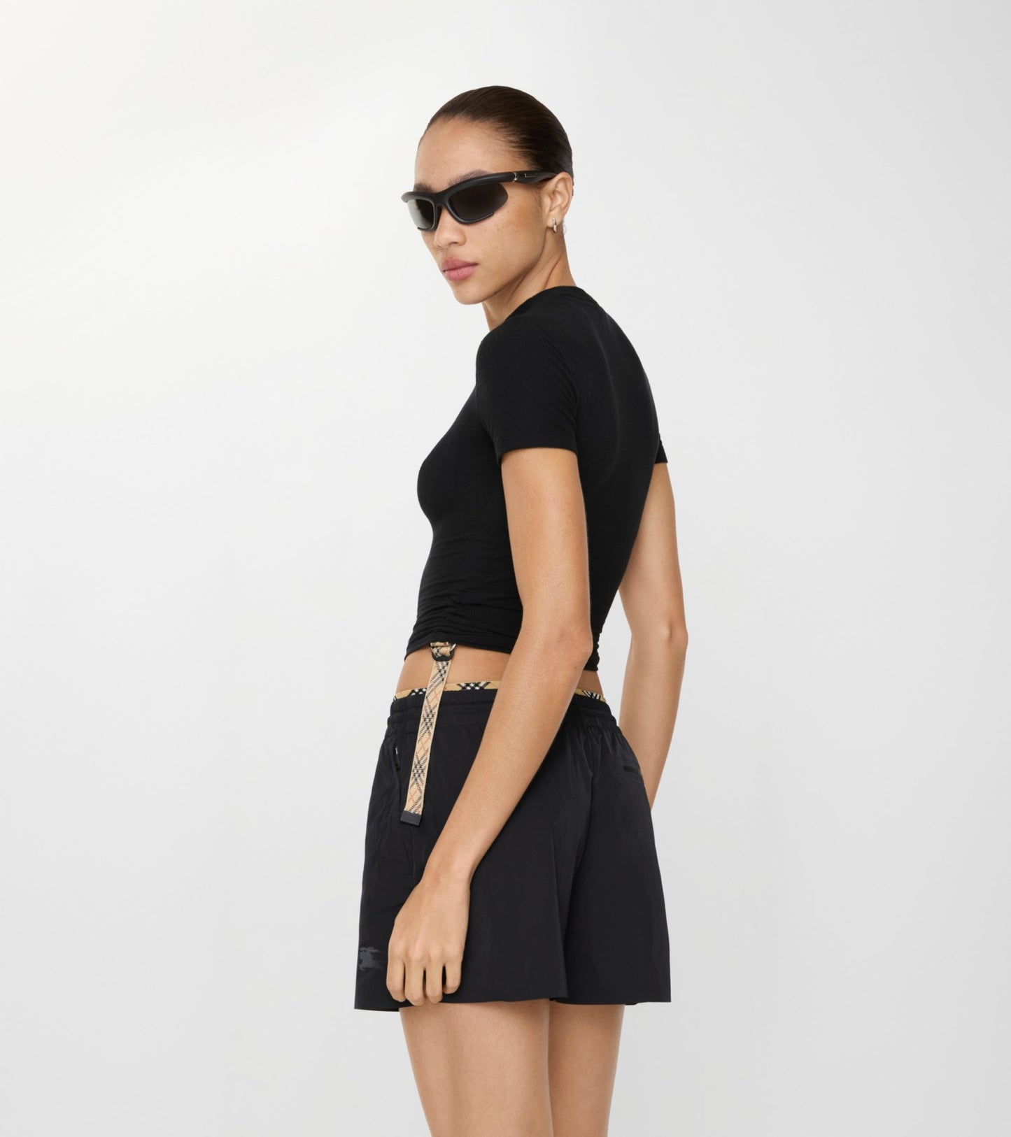 Check Trim Stretch Modal Cashmere T-shirt in Black