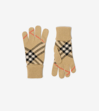 Check Cashmere Blend Gloves in Sand beige