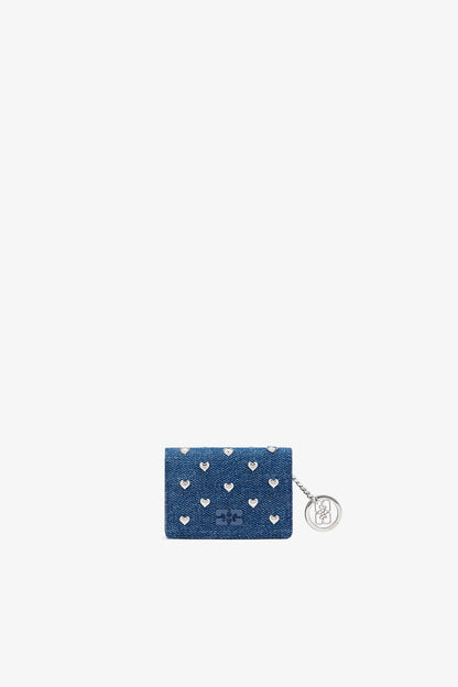 Bou Card Holder With Flap Heart Studs in Denim