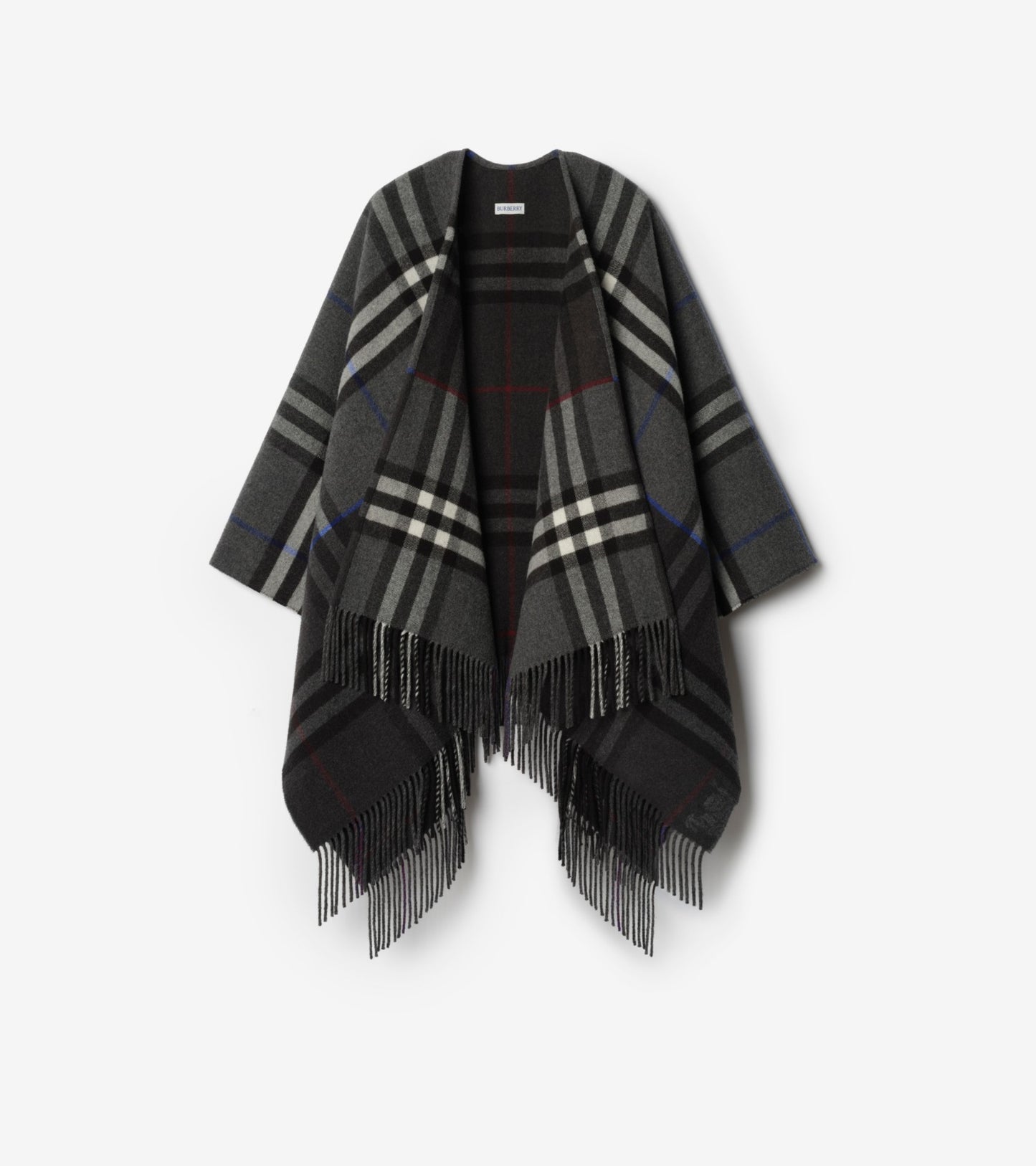 Contrast Check Cashmere Wool Cape in Sand beige/pebble white