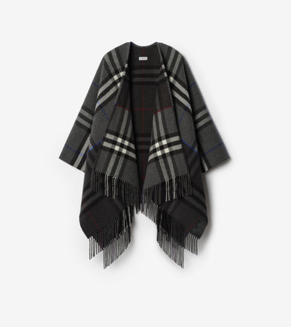 Contrast Check Cashmere Wool Cape in Sand beige/pebble white