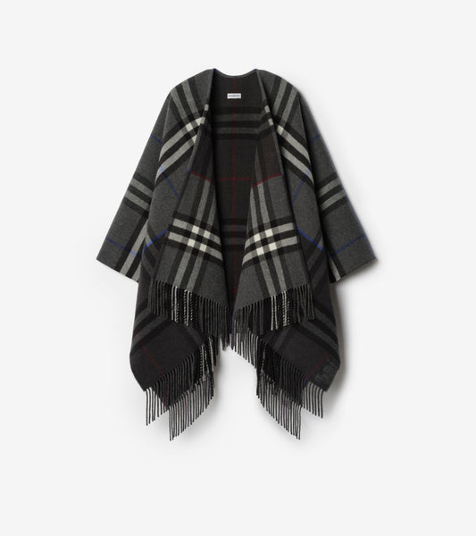 Contrast Check Cashmere Wool Cape in Marlborough grey/charcoal grey