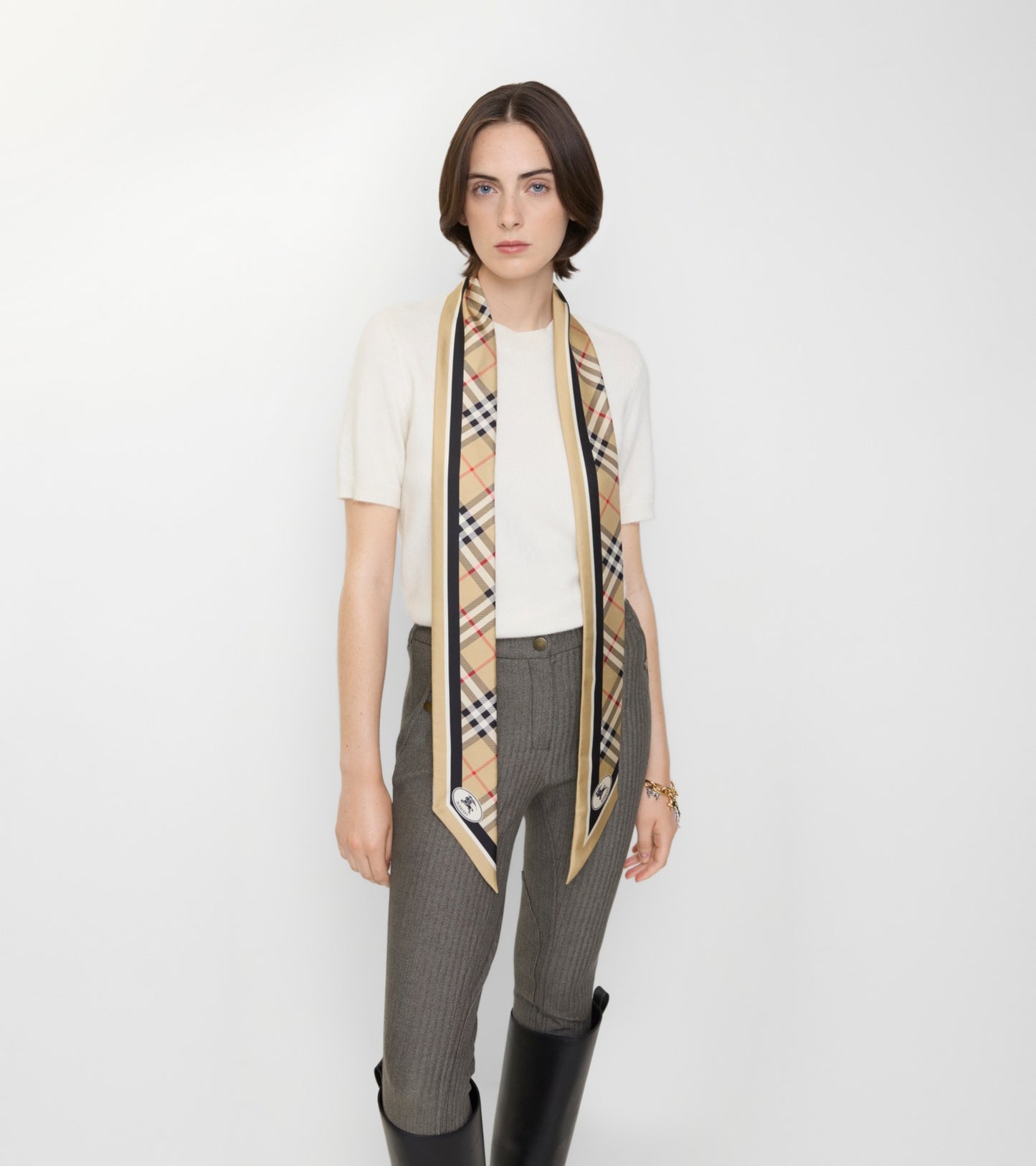 Skinny Check Silk Scarf in Sand beige