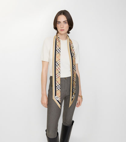 Skinny Check Silk Scarf in Sand beige