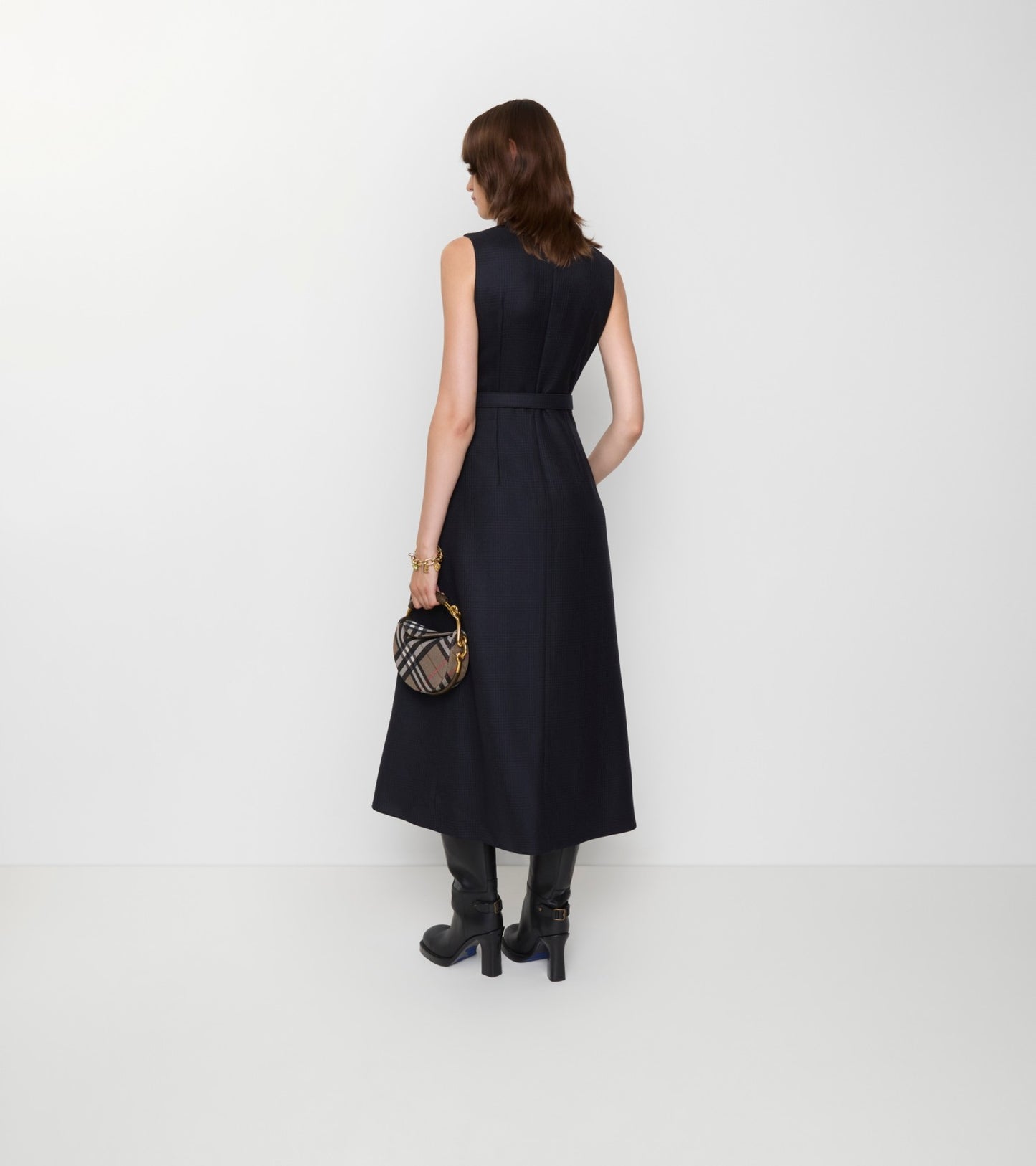 Belted Check Wool Dress in Navy blue
