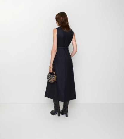 Belted Check Wool Dress in Navy blue