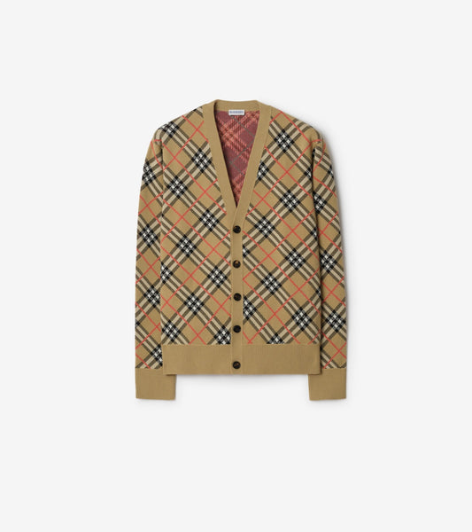 Check Cotton Wool Cardigan in Sand beige