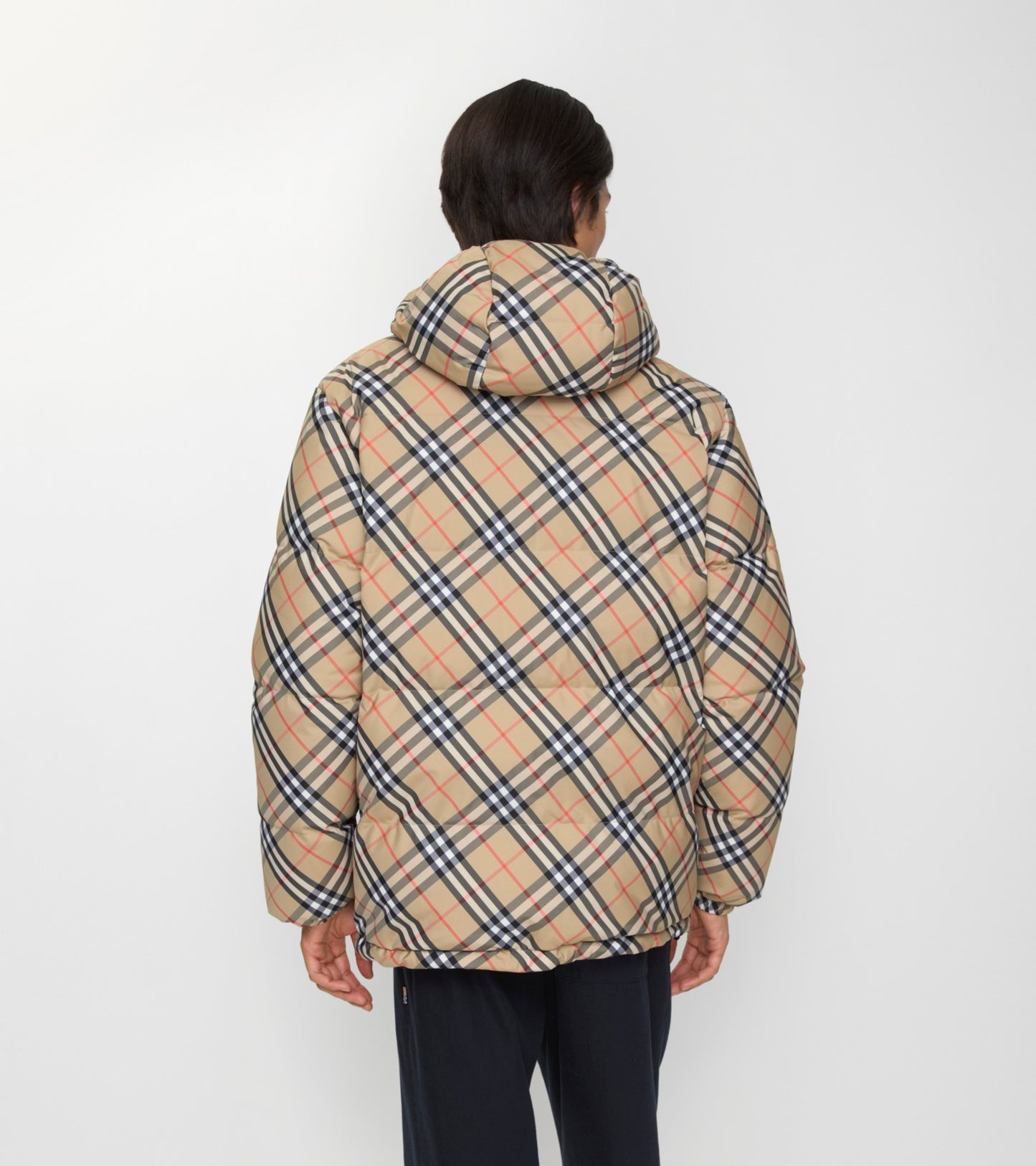 Reversible Check Hooded Puffer Jacket in Sand beige