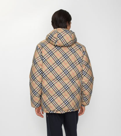 Reversible Check Hooded Puffer Jacket in Sand beige