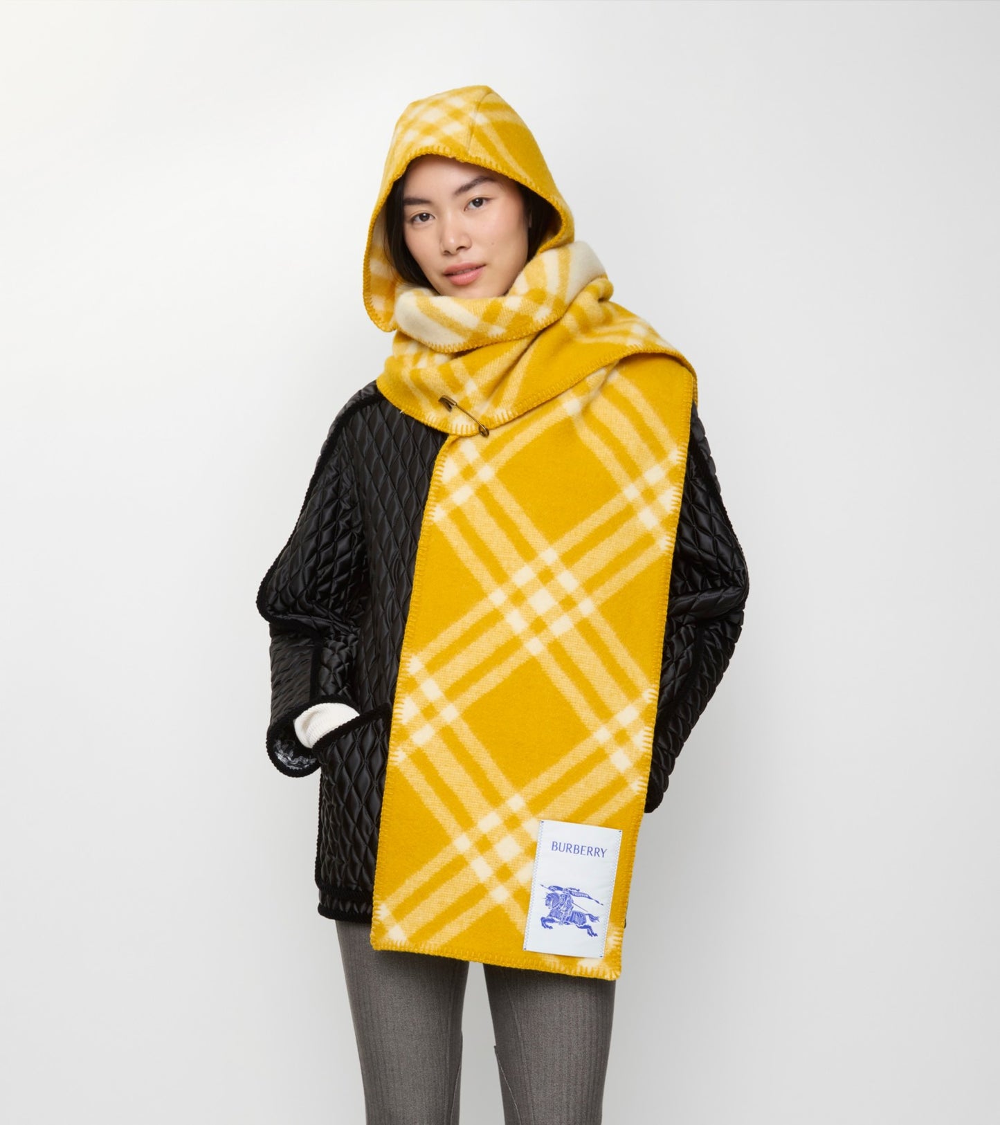 Check Wool Hooded Scarf in Pear yellow