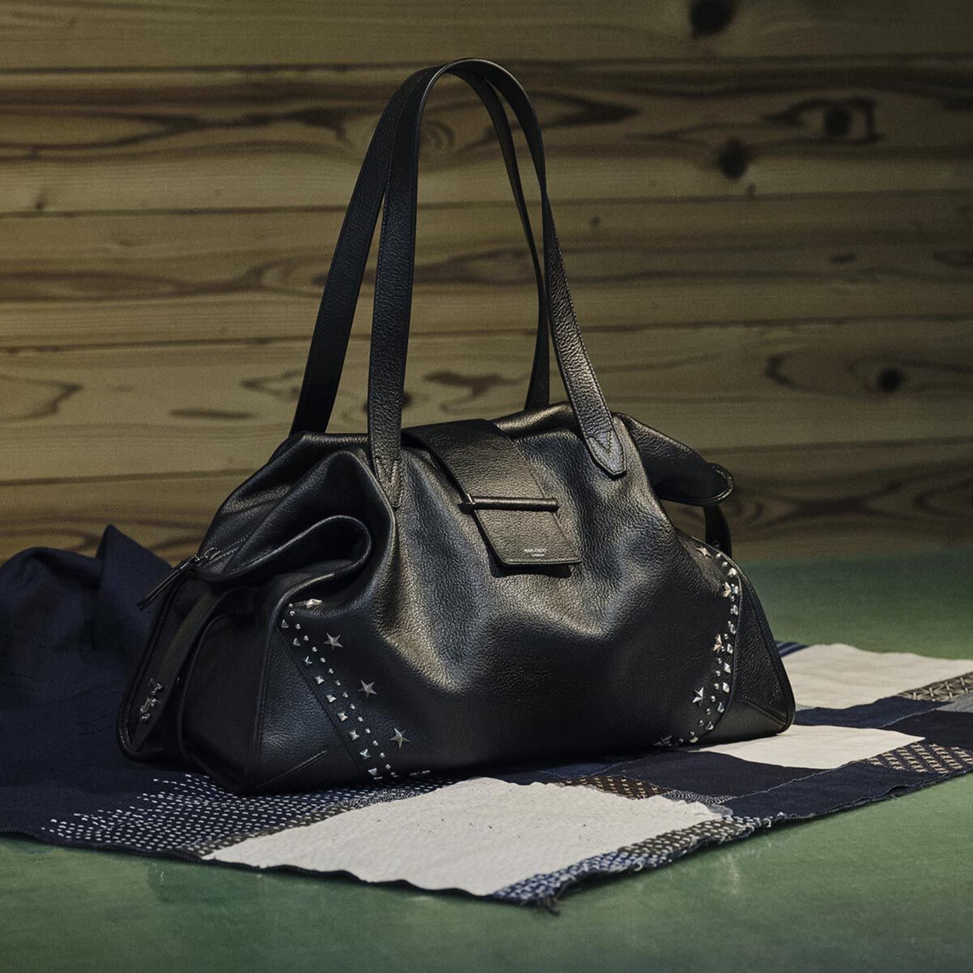 Bar Holdall Large Black Soft Grained Calf Skin Tote Bag with Textured Stars