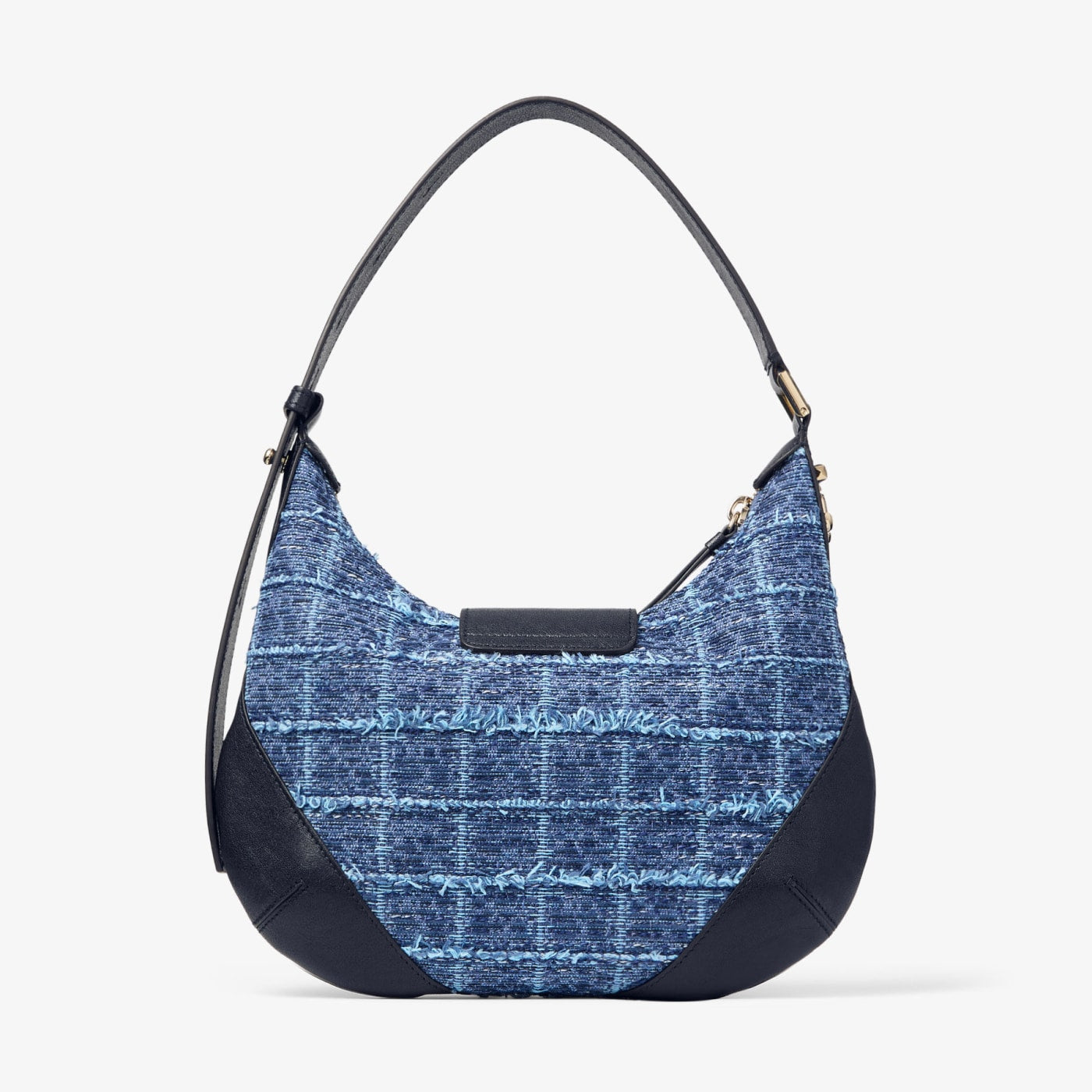 Bar Hobo Small Marine Crosshatch Denim Fabric Shoulder Bag with Biker Leather Trim
