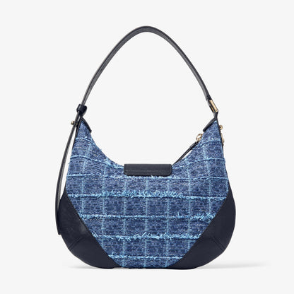 Bar Hobo Small Marine Crosshatch Denim Fabric Shoulder Bag with Biker Leather Trim