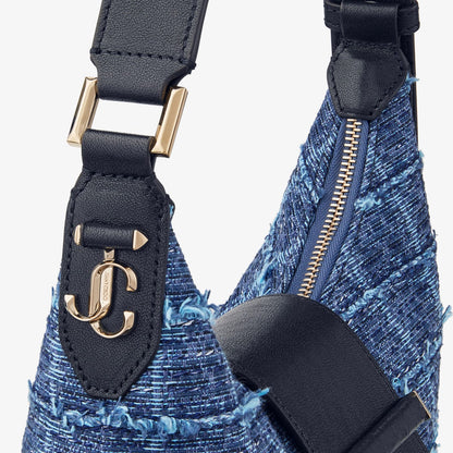 Bar Hobo Small Marine Crosshatch Denim Fabric Shoulder Bag with Biker Leather Trim
