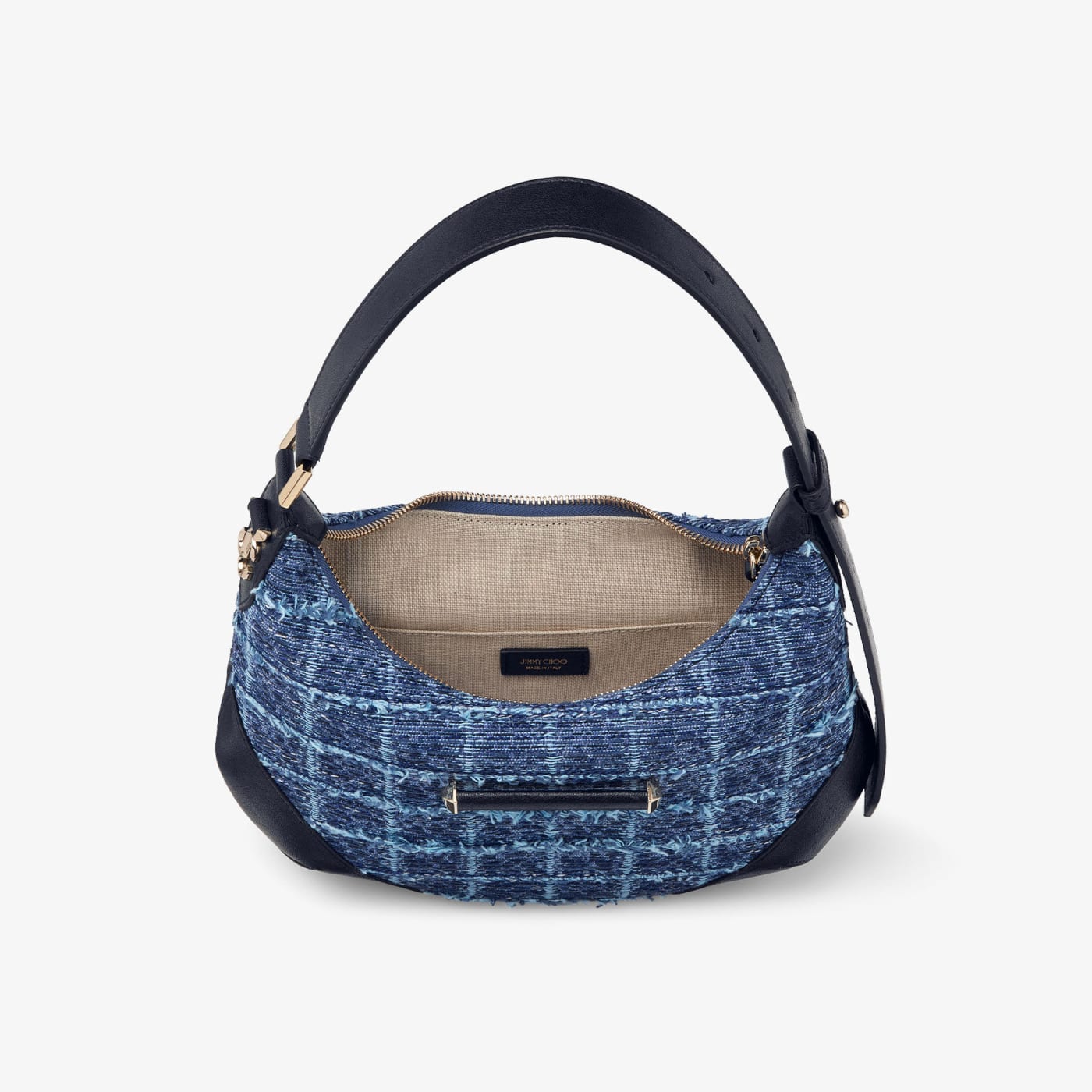 Bar Hobo Small Marine Crosshatch Denim Fabric Shoulder Bag with Biker Leather Trim
