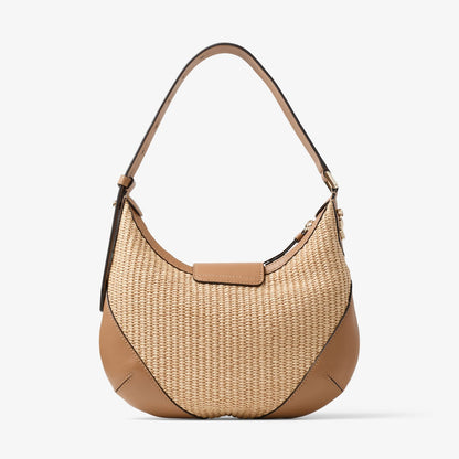 Bar Hobo Small Natural and Toffee Raffia Shoulder Bag with Smooth Calf Leather Trim