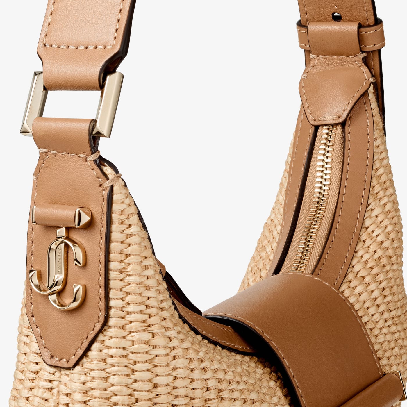 Bar Hobo Small Natural and Toffee Raffia Shoulder Bag with Smooth Calf Leather Trim