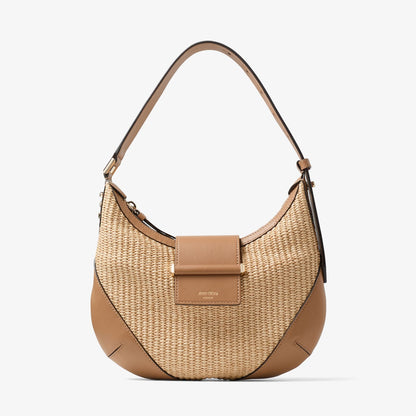 Bar Hobo Small Natural and Toffee Raffia Shoulder Bag with Smooth Calf Leather Trim