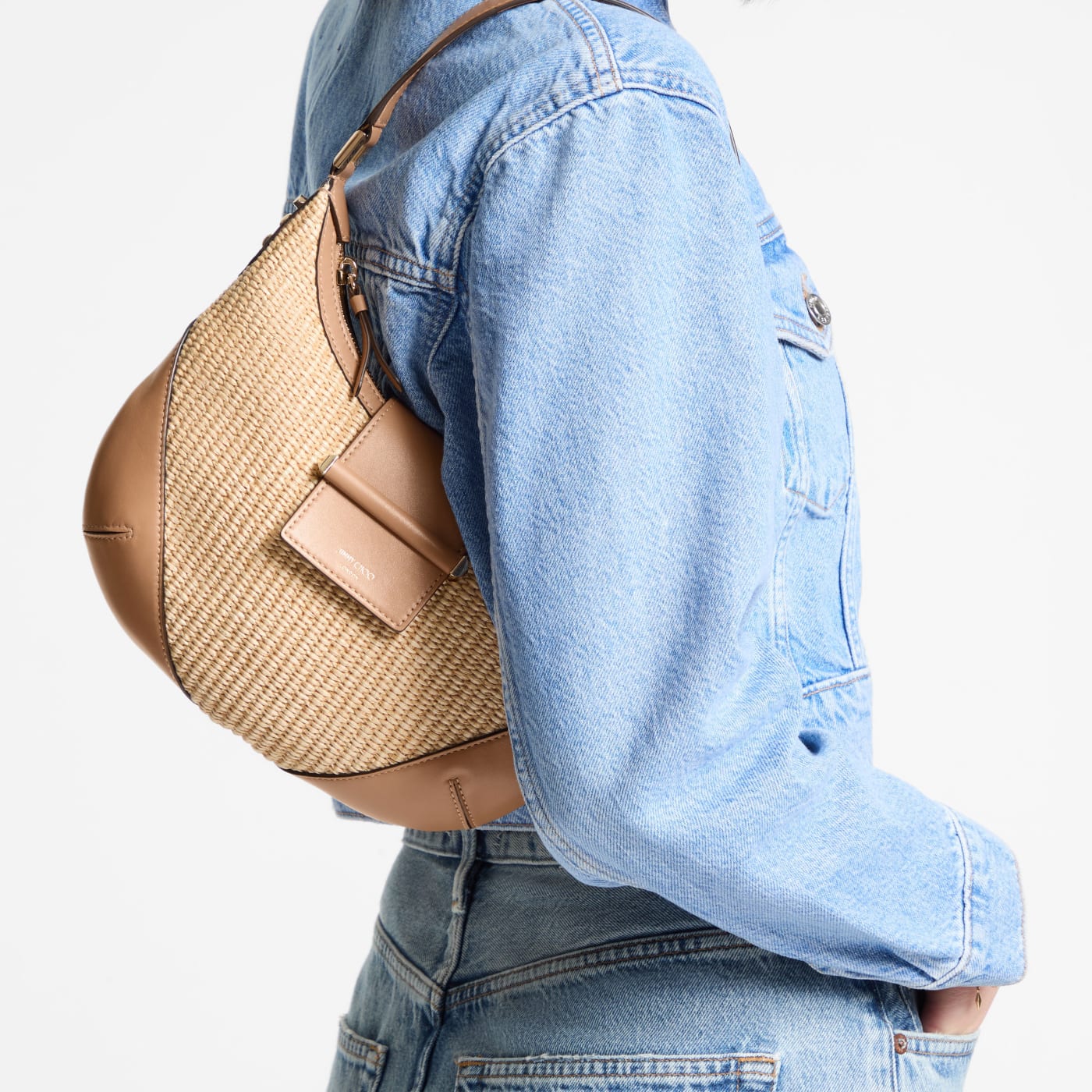 Bar Hobo Small Natural and Toffee Raffia Shoulder Bag with Smooth Calf Leather Trim