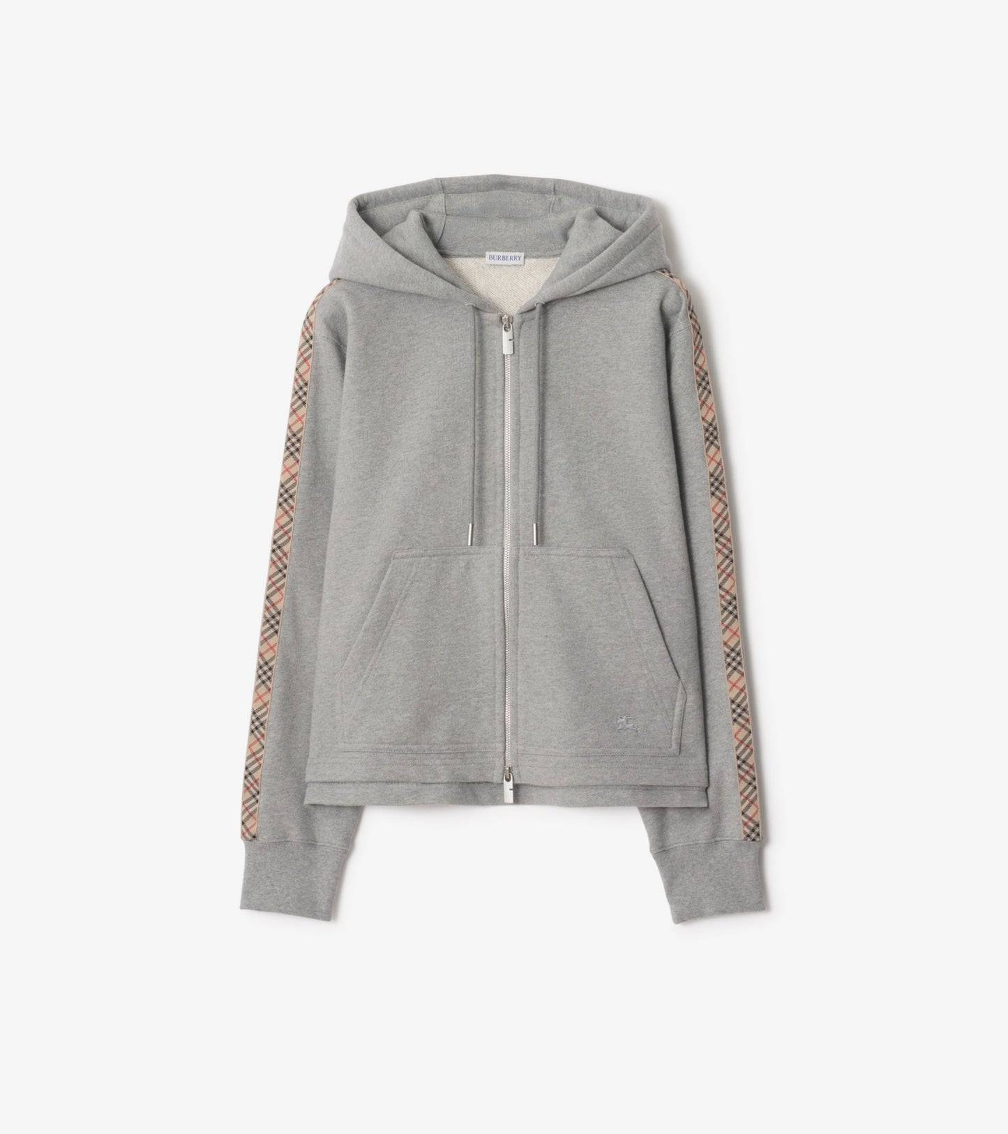 Check Trim Cotton Zip Hoodie in Pale grey melange