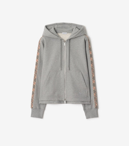 Check Trim Cotton Zip Hoodie in Pale grey melange