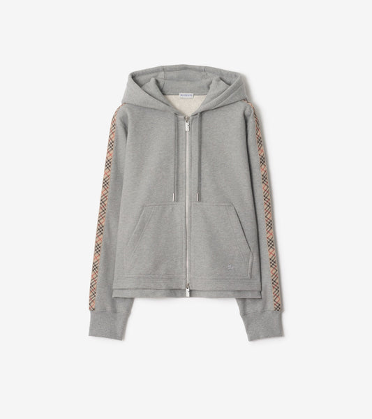 Check Trim Cotton Zip Hoodie in Pale grey melange
